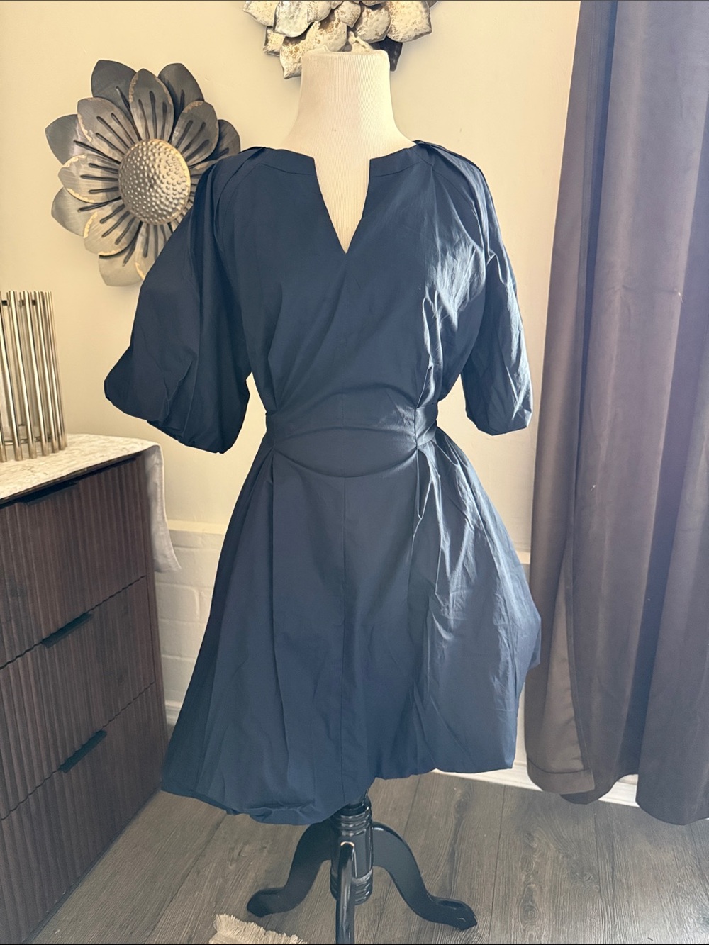 Rachel Zoe Navy Midi Dress w/Pockets and Puff Sleeves